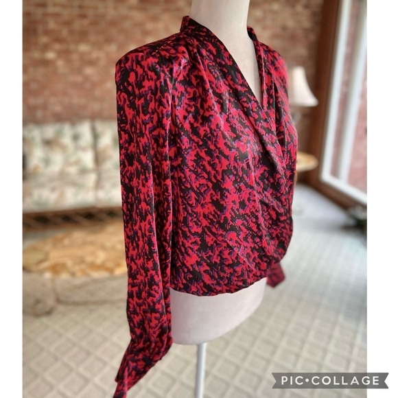 Express Red Abstract Surplice Neck Blouse Top NWT S - Picture 12 of 16